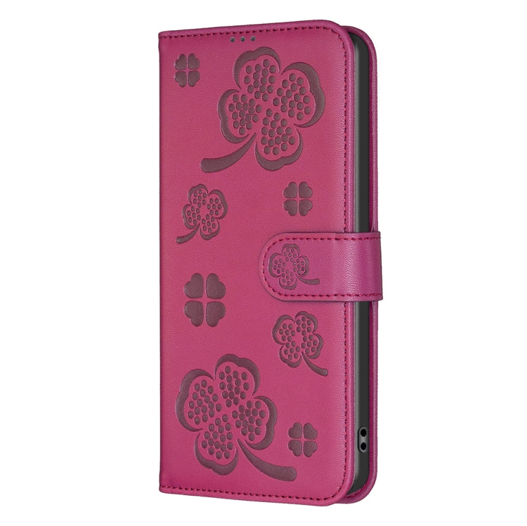 For iPhone 16 Pro Max Four-leaf Embossed Leather Phone Case(Rose Red) by buy2fix