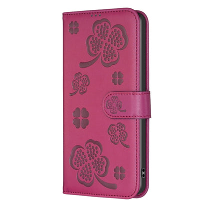 For iPhone 16 Pro Max Four-leaf Embossed Leather Phone Case(Rose Red) by buy2fix