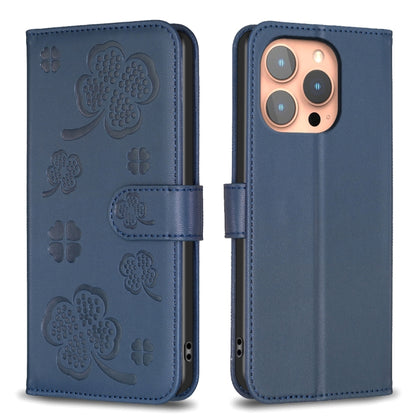 For iPhone 16 Pro Max Four-leaf Embossed Leather Phone Case(Blue) by buy2fix