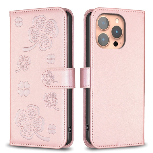 For iPhone 16 Pro Max Four-leaf Embossed Leather Phone Case(Pink) by buy2fix