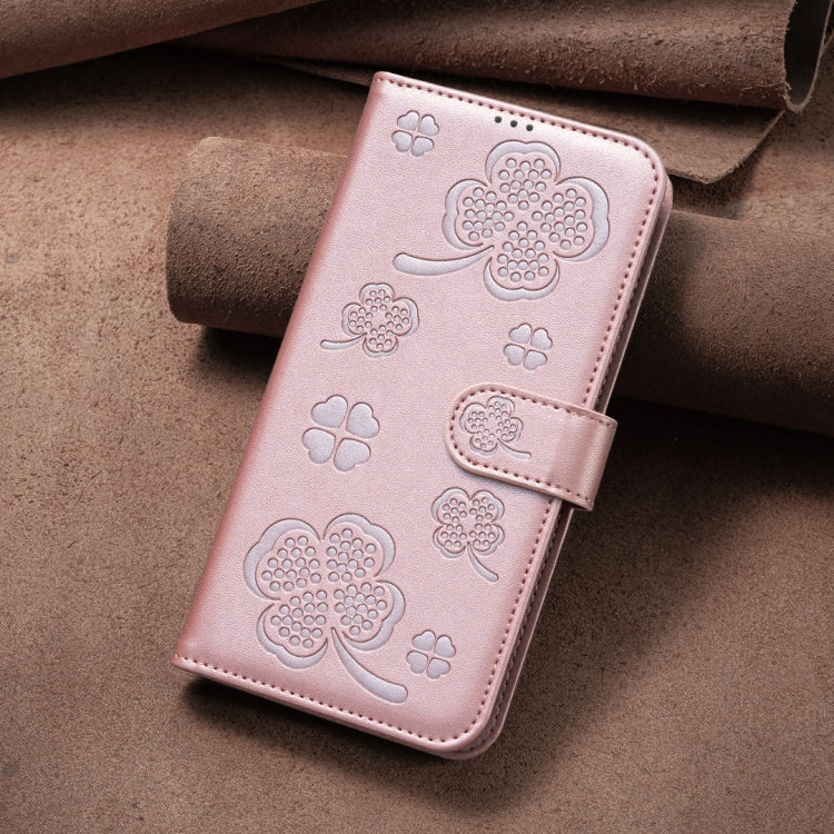 For iPhone 16 Pro Max Four-leaf Embossed Leather Phone Case(Pink) by buy2fix