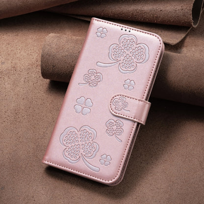 For iPhone 16 Pro Max Four-leaf Embossed Leather Phone Case(Pink) by buy2fix