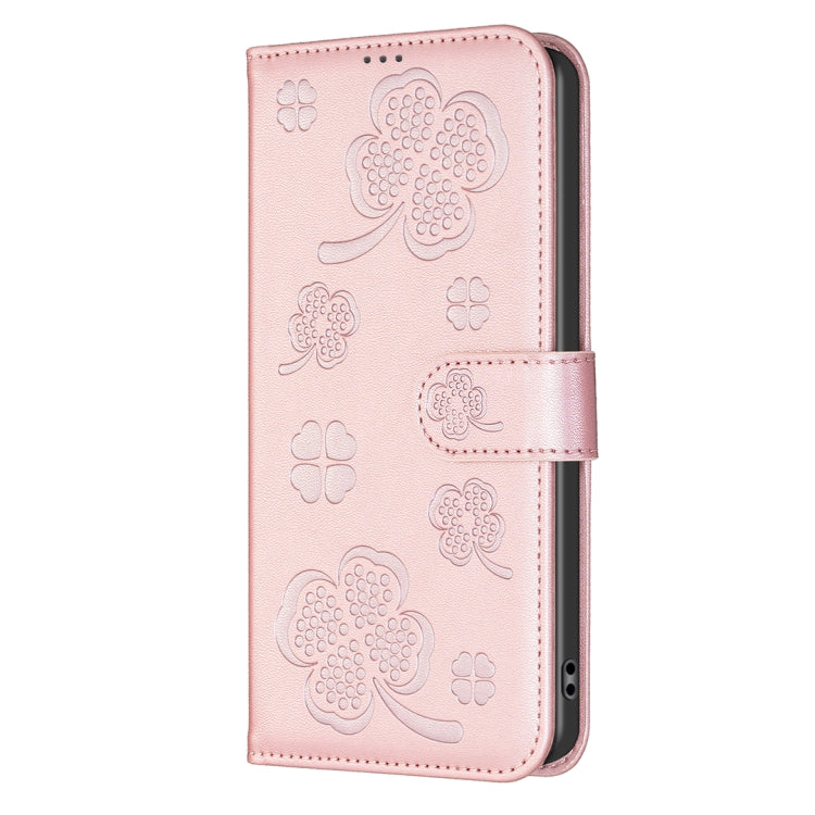 For iPhone 16 Pro Max Four-leaf Embossed Leather Phone Case(Pink) by buy2fix