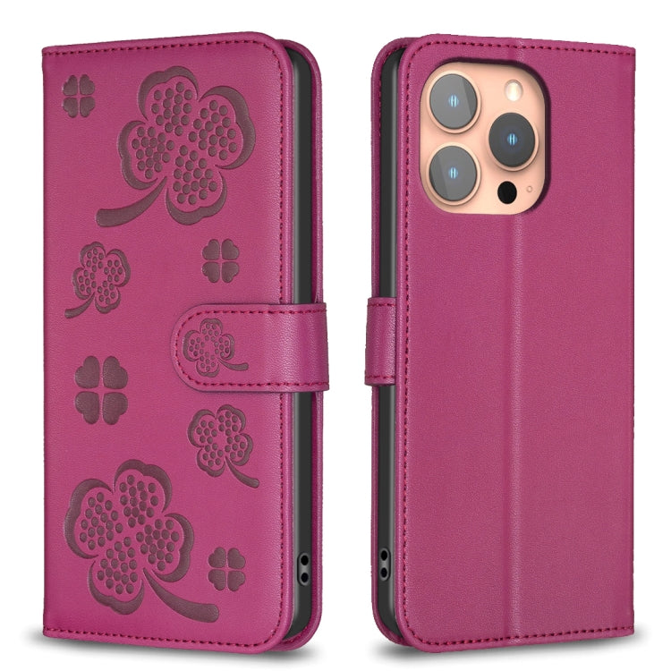 For iPhone 16 Pro Four-leaf Embossed Leather Phone Case(Rose Red) by buy2fix