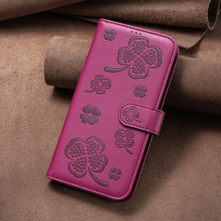 For iPhone 16 Pro Four-leaf Embossed Leather Phone Case(Rose Red) by buy2fix