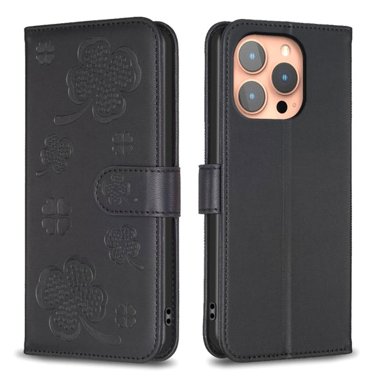 For iPhone 16 Pro Four-leaf Embossed Leather Phone Case(Black) by buy2fix