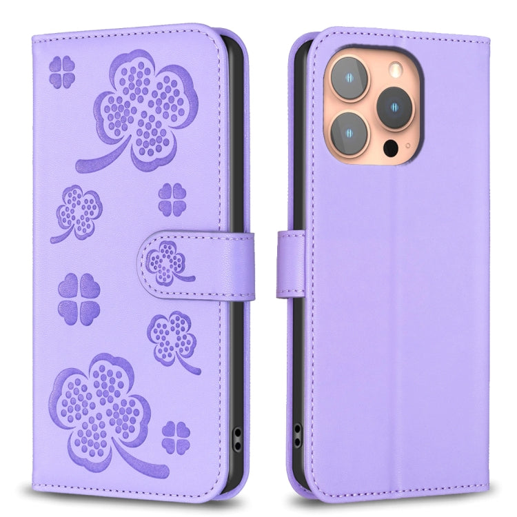 For iPhone 16 Pro Four-leaf Embossed Leather Phone Case(Purple) by buy2fix