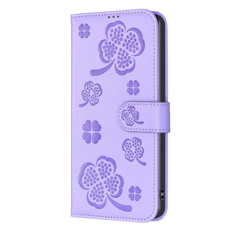 For iPhone 16 Pro Four-leaf Embossed Leather Phone Case(Purple) by buy2fix