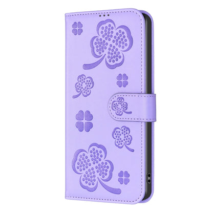 For iPhone 16 Pro Four-leaf Embossed Leather Phone Case(Purple) by buy2fix
