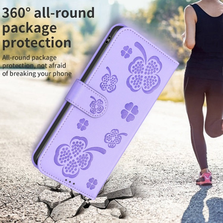 For iPhone 16 Pro Four-leaf Embossed Leather Phone Case(Purple) by buy2fix