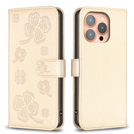 For iPhone 16 Pro Four-leaf Embossed Leather Phone Case(Gold) by buy2fix