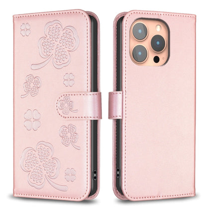 For iPhone 16 Pro Four-leaf Embossed Leather Phone Case(Pink) by buy2fix