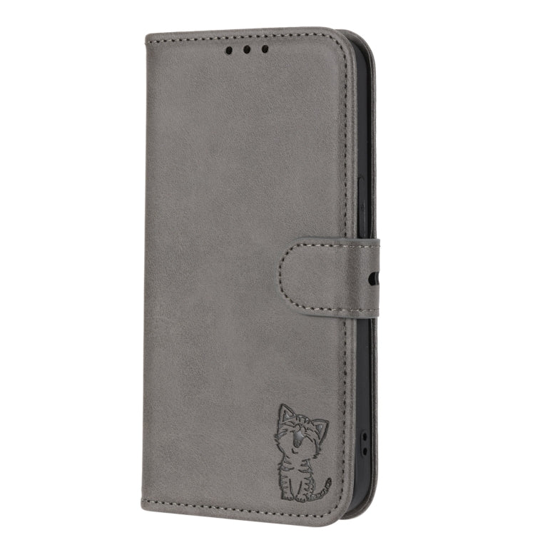 For Google Pixel 9 Pro Embossed Happy Cat Pattern Flip Leather Phone Case(Grey) by buy2fix