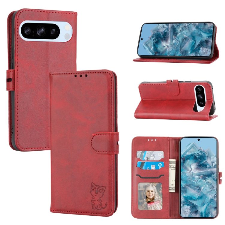 For Google Pixel 9 Embossed Happy Cat Pattern Flip Leather Phone Case(Red) by buy2fix