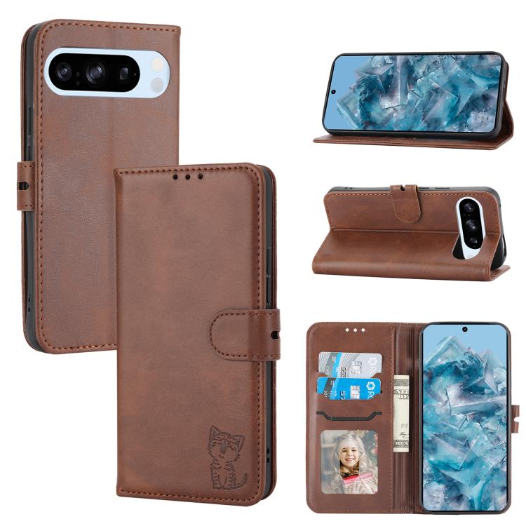 For Google Pixel 10 / 10 Pro Embossed Happy Cat Pattern Flip Leather Phone Case(Brown) - Google Cases by buy2fix | Online Shopping UK | buy2fix