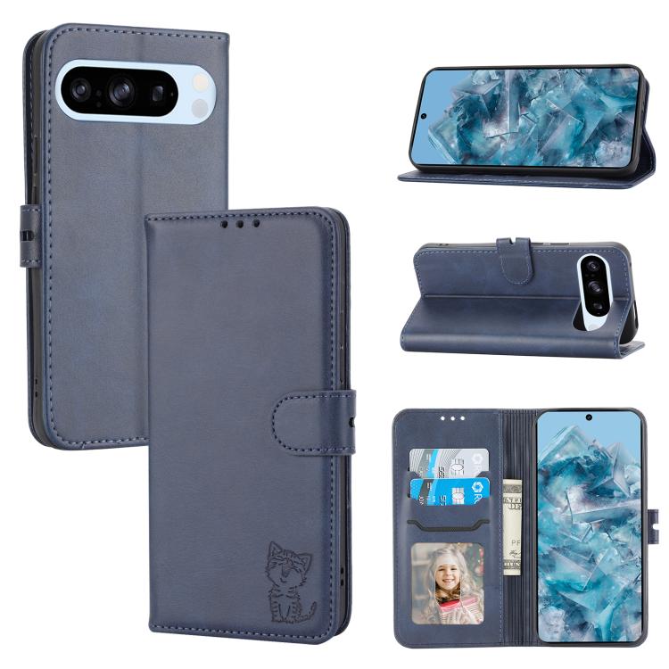 For Google Pixel 10 Pro XL Embossed Happy Cat Pattern Flip Leather Phone Case(Blue) - Google Cases by buy2fix | Online Shopping UK | buy2fix