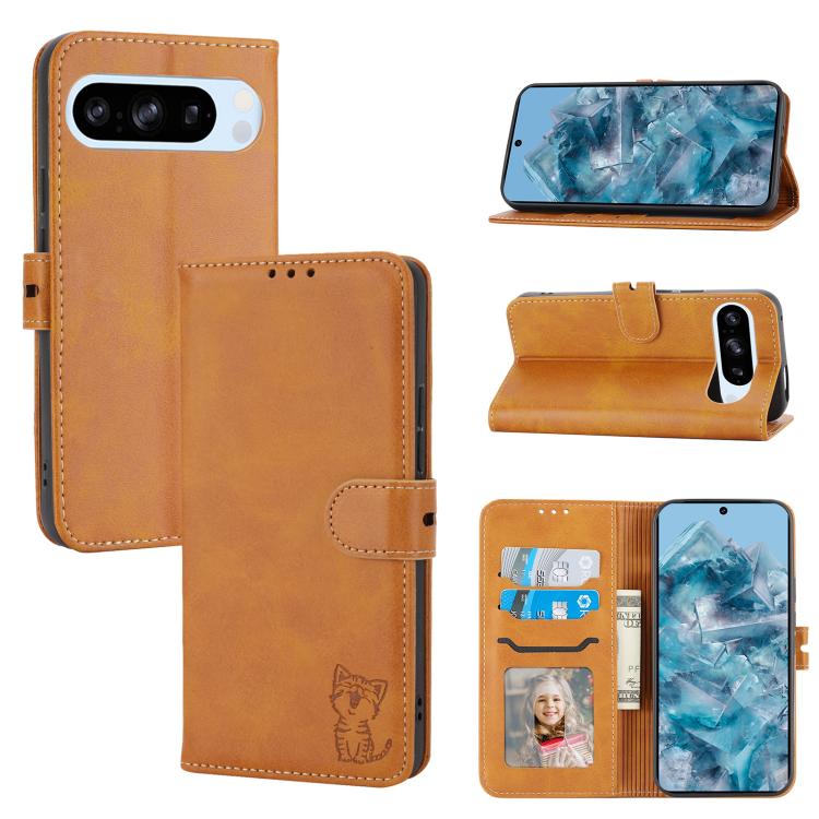 For Google Pixel 10 Pro XL Embossed Happy Cat Pattern Flip Leather Phone Case(Yellow) - Google Cases by buy2fix | Online Shopping UK | buy2fix