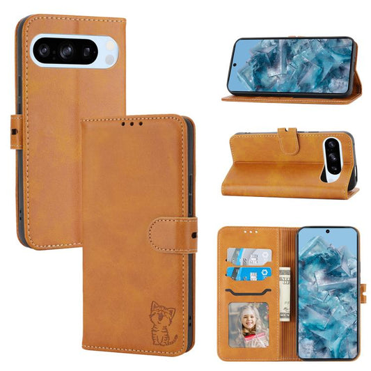 For Google Pixel 10 Pro XL Embossed Happy Cat Pattern Flip Leather Phone Case(Yellow) - Google Cases by buy2fix | Online Shopping UK | buy2fix