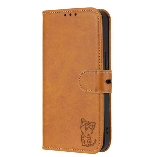 For Google Pixel 10 Pro XL Embossed Happy Cat Pattern Flip Leather Phone Case(Yellow) - Google Cases by buy2fix | Online Shopping UK | buy2fix