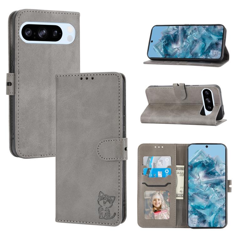 For Google Pixel 10 Pro XL Embossed Happy Cat Pattern Flip Leather Phone Case(Grey) - Google Cases by buy2fix | Online Shopping UK | buy2fix