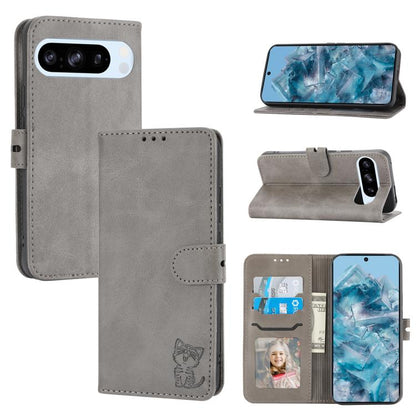 For Google Pixel 10 Pro XL Embossed Happy Cat Pattern Flip Leather Phone Case(Grey) - Google Cases by buy2fix | Online Shopping UK | buy2fix