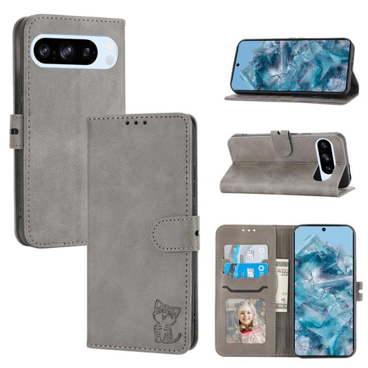 For Google Pixel 10 Pro XL Embossed Happy Cat Pattern Flip Leather Phone Case(Grey) - Google Cases by buy2fix | Online Shopping UK | buy2fix