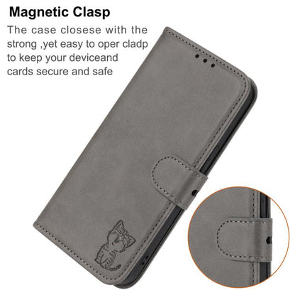For Google Pixel 10 Pro XL Embossed Happy Cat Pattern Flip Leather Phone Case(Grey) - Google Cases by buy2fix | Online Shopping UK | buy2fix