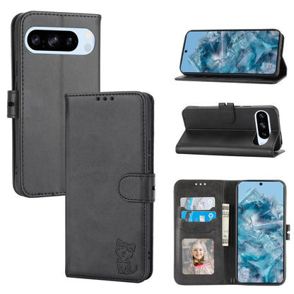 For Google Pixel 10 Pro XL Embossed Happy Cat Pattern Flip Leather Phone Case(Black) - Google Cases by buy2fix | Online Shopping UK | buy2fix
