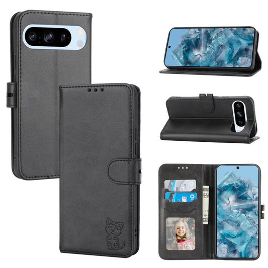 For Google Pixel 10 Pro XL Embossed Happy Cat Pattern Flip Leather Phone Case(Black) - Google Cases by buy2fix | Online Shopping UK | buy2fix