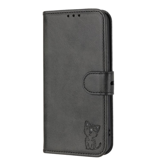 For Google Pixel 10 Pro XL Embossed Happy Cat Pattern Flip Leather Phone Case(Black) - Google Cases by buy2fix | Online Shopping UK | buy2fix