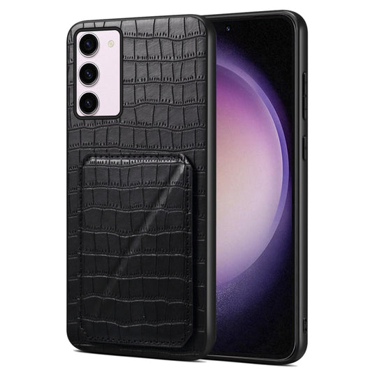 For Samsung Galaxy S23 5G Denior Imitation Crocodile Leather Back Phone Case with Holder(Black)