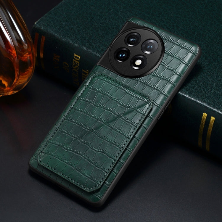 For OnePlus 11 5G Denior Imitation Crocodile Leather Back Phone Case with Holder(Green) - OnePlus Cases by Denior | Online Shopping UK | buy2fix