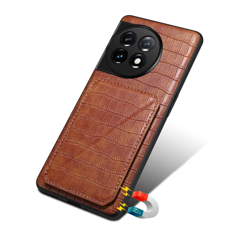 For OnePlus 11 5G Denior Imitation Crocodile Leather Back Phone Case with Holder(Brown) - OnePlus Cases by Denior | Online Shopping UK | buy2fix