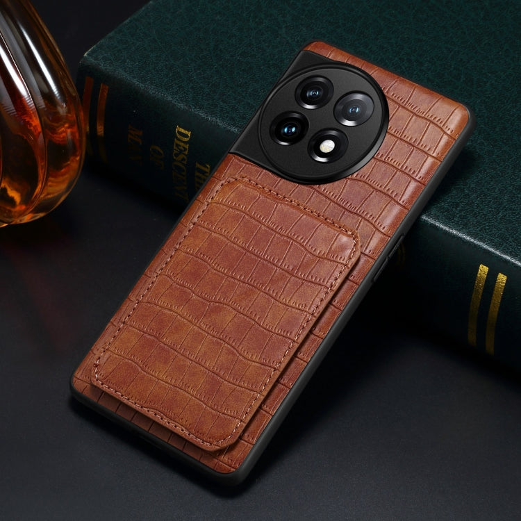 For OnePlus 11 5G Denior Imitation Crocodile Leather Back Phone Case with Holder(Brown) - OnePlus Cases by Denior | Online Shopping UK | buy2fix