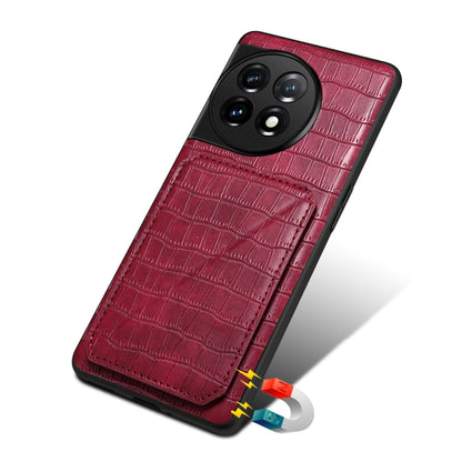 For OnePlus 11 5G Denior Imitation Crocodile Leather Back Phone Case with Holder(Rose Red) - OnePlus Cases by Denior | Online Shopping UK | buy2fix