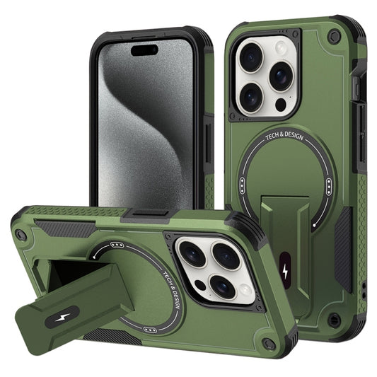 For iPhone 15 Pro Max Armor Magsafe Holder PC Hybrid TPU Phone Case(Army Green) by buy2fix
