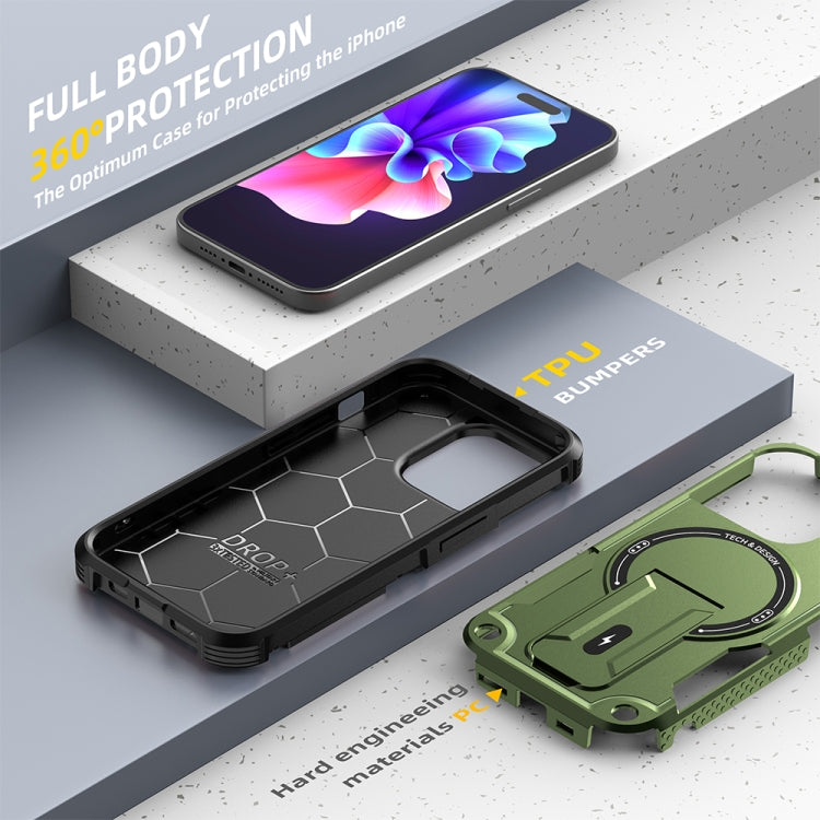For iPhone 15 Pro Max Armor Magsafe Holder PC Hybrid TPU Phone Case(Army Green) by buy2fix