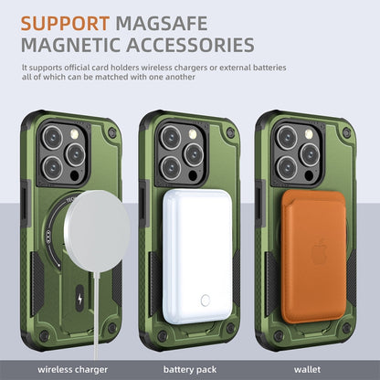 For iPhone 15 Pro Armor Magsafe Holder PC Hybrid TPU Phone Case(Army Green) - iPhone 15 Pro Cases by buy2fix | Online Shopping UK | buy2fix