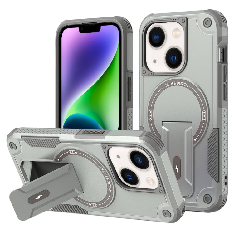 For iPhone 14 Armor Magsafe Holder PC Hybrid TPU Phone Case(Grey) by buy2fix