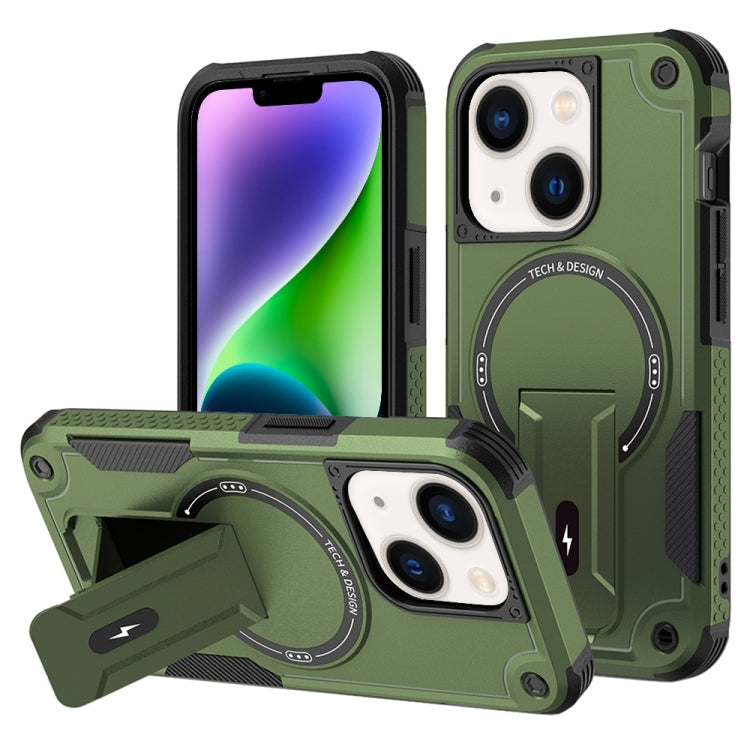 For iPhone 14 Armor Magsafe Holder PC Hybrid TPU Phone Case(Army Green) by buy2fix