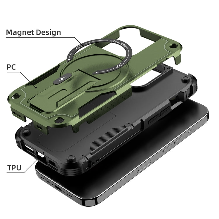 For iPhone 14 Armor Magsafe Holder PC Hybrid TPU Phone Case(Army Green) by buy2fix
