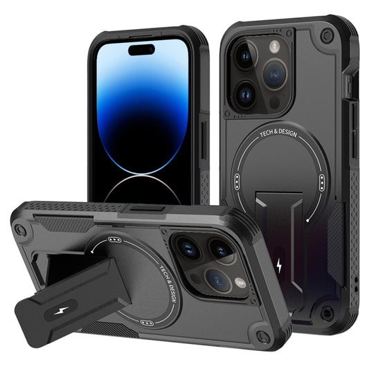 For iPhone 14 Pro Max Armor Magsafe Holder PC Hybrid TPU Phone Case(Black) - iPhone 14 Pro Max Cases by buy2fix | Online Shopping UK | buy2fix