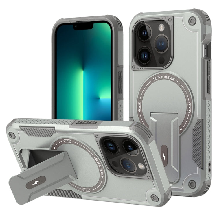 For iPhone 13 Pro Max Armor Magsafe Holder PC Hybrid TPU Phone Case(Grey) by buy2fix