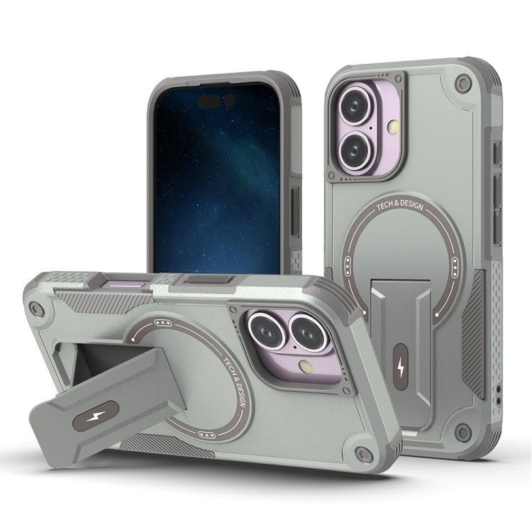 For iPhone 16 Armor Magsafe Holder PC Hybrid TPU Phone Case(Grey) by buy2fix