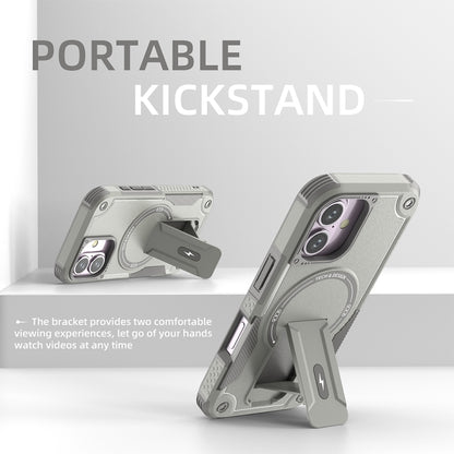 For iPhone 16 Armor Magsafe Holder PC Hybrid TPU Phone Case(Grey) by buy2fix