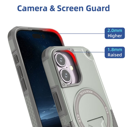 For iPhone 16 Armor Magsafe Holder PC Hybrid TPU Phone Case(Grey) by buy2fix