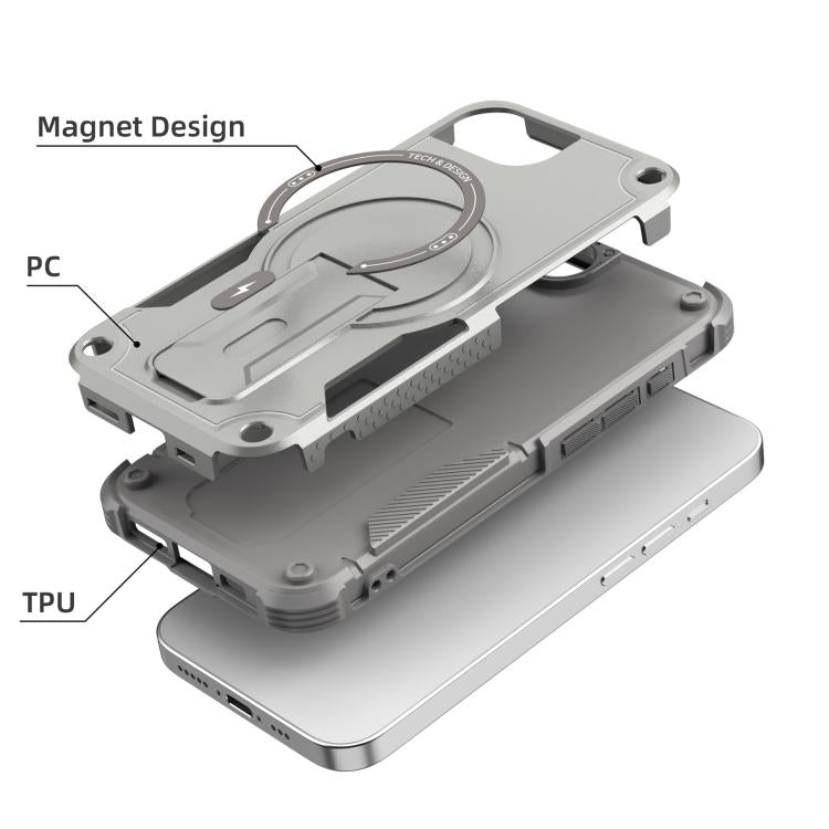 For iPhone 16e Armor Magsafe Holder PC Hybrid TPU Phone Case(Grey) - iPhone 16e Cases by buy2fix | Online Shopping UK | buy2fix