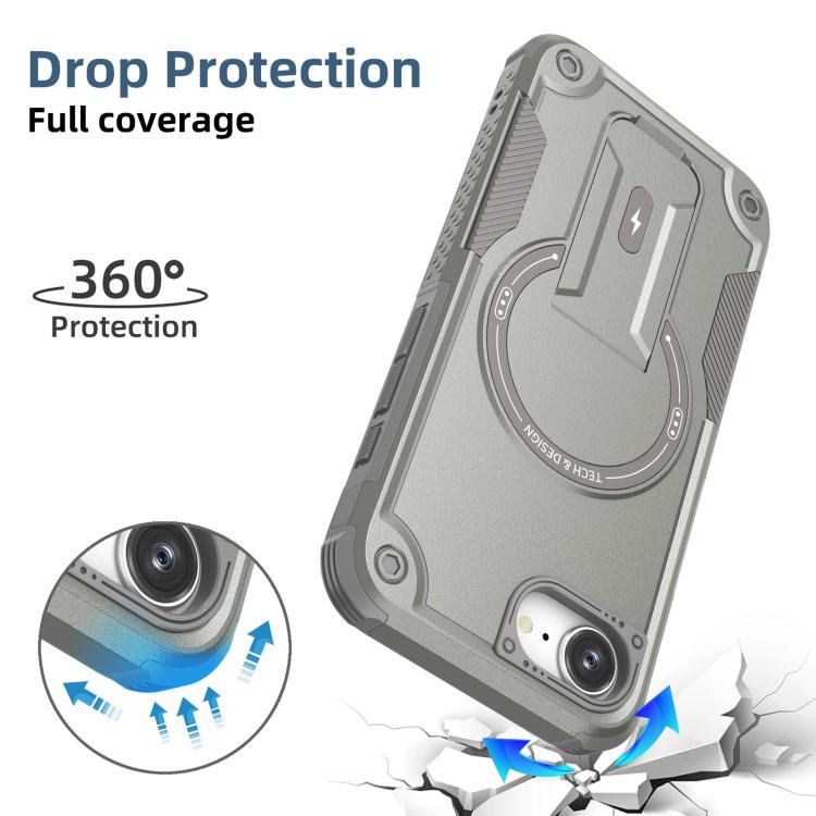 For iPhone 16e Armor Magsafe Holder PC Hybrid TPU Phone Case(Grey) - iPhone 16e Cases by buy2fix | Online Shopping UK | buy2fix
