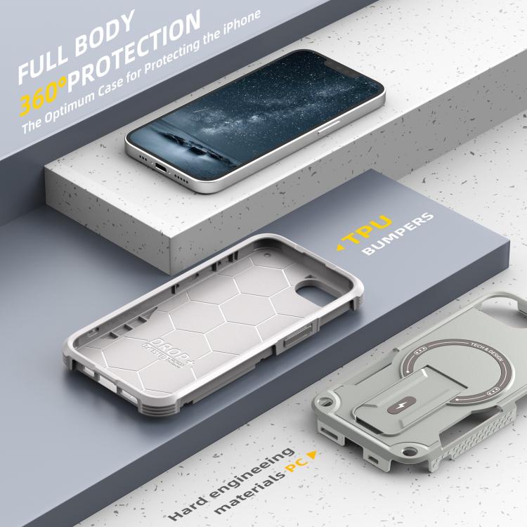 For iPhone 16e Armor Magsafe Holder PC Hybrid TPU Phone Case(Grey) - iPhone 16e Cases by buy2fix | Online Shopping UK | buy2fix