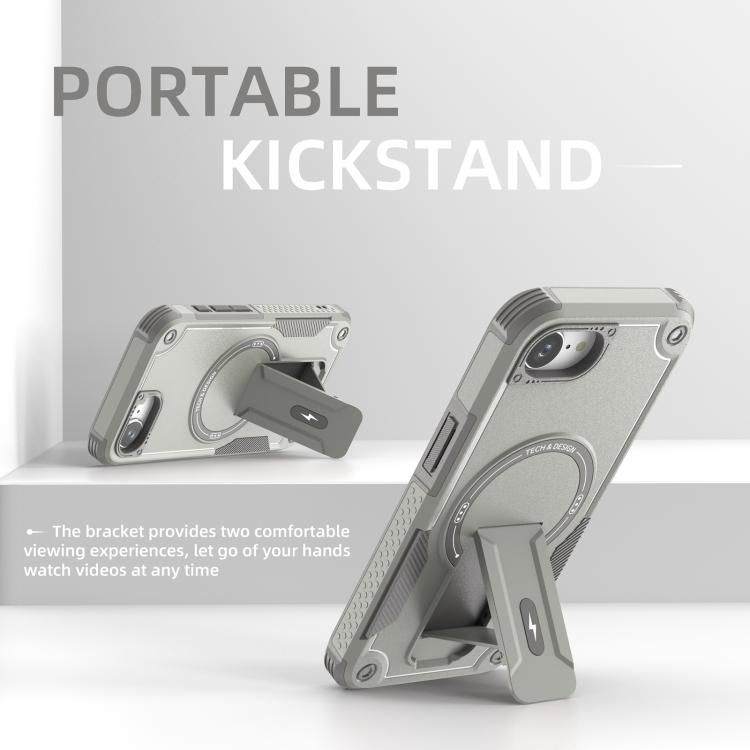 For iPhone 16e Armor Magsafe Holder PC Hybrid TPU Phone Case(Grey) - iPhone 16e Cases by buy2fix | Online Shopping UK | buy2fix